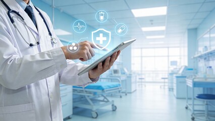 Doctor using tablet in hospital room