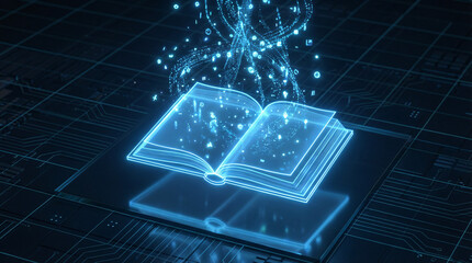 Digital book with artificial intelligence data interface showing future education learning knowledge and advanced technology concept.