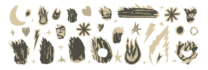 Craft fire, stars paper cutouts icons with ink grunge texture. Doodle flames vector illustration set with rough punk rock decor. Collage design elements. Scrapbook bonfire forms set isolated no bg.