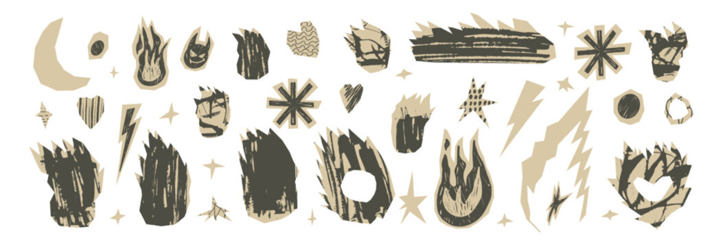 Craft fire, stars paper cutouts icons with ink grunge texture. Doodle flames vector illustration set with rough punk rock decor. Collage design elements. Scrapbook bonfire forms set isolated no bg.