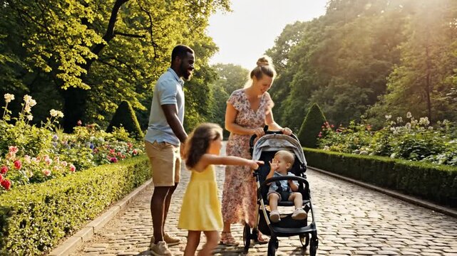 Family stroll through a park on a sunny day with a stroller and kids.