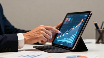 Business person analyzing financial data on tablet