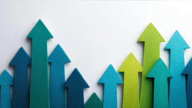 Multiple upward 3D arrow icons in a blue-to-green gradient arranged in staggered rows against a white background, symbolizing growth, progress, and positive trend.