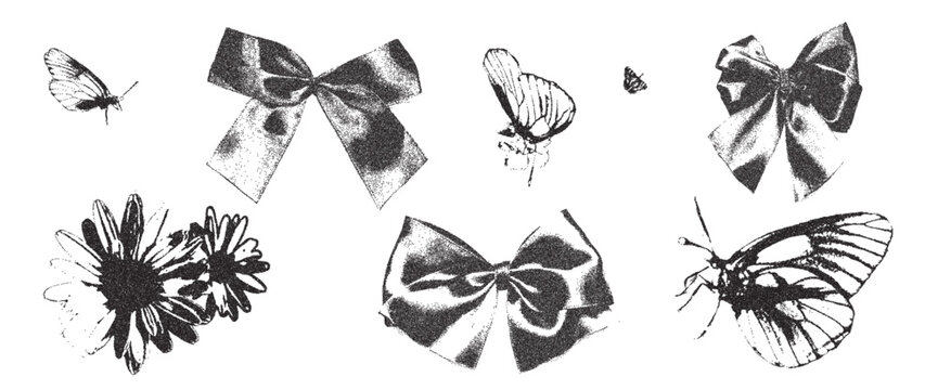 Halftone photocopy vintage bow, butterfly, flower. Ribbon and daysi summer threshold collage effect. Dotted stippling black grunge elements. Vector y2k gritty retro coquette shapes isolated no bg.