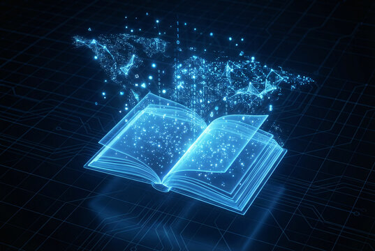 Digital book with artificial intelligence data interface showing future education learning knowledge and advanced technology concept.