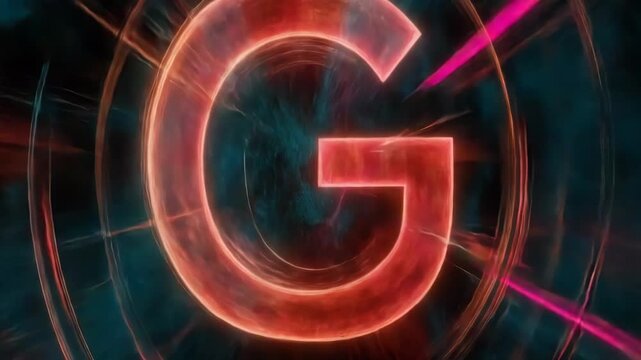 A vibrant, glowing letter G pulsates with energy in a digital vortex. Dynamic red and teal light creates a futuristic, abstract background.