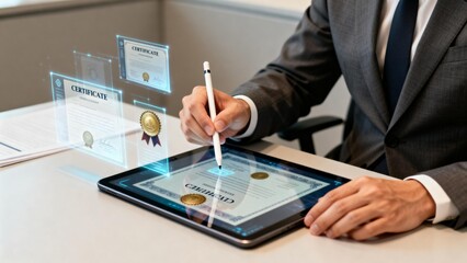 Person signing digital certificate on tablet