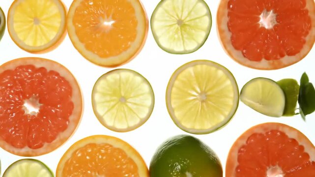 Vibrant citrus fruit slices arranged on a white background, creating a refreshing pattern.