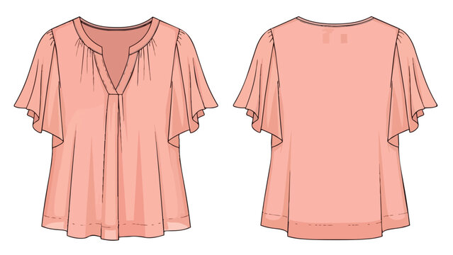 Detailed front and back technical flat sketch of a stylish women's v-neck blouse featuring elegant flutter sleeves, perfect for spring and summer