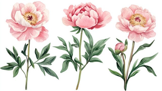 Sweet pink peonies in watercolor showing floral design for botanical illustrations and art collections