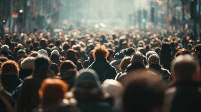 Dense population of people walking through a sunny urban street or square.
