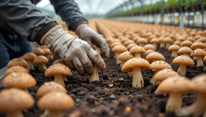 Agricultural worker, wearing gloves, is carefully harvesting mushrooms in a greenhouse, surrounded by rows of fresh produce, showcasing sustainable farming practices and dedication to quality