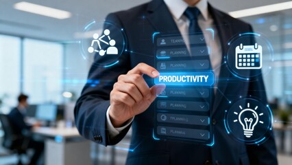 Businessman interacting with digital productivity interface