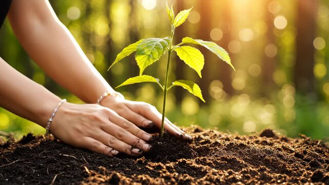 Hands planting tree sapling in soil