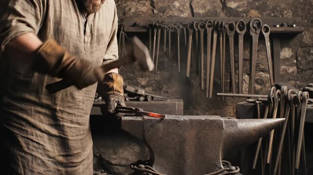 Blacksmith forging metal in workshop