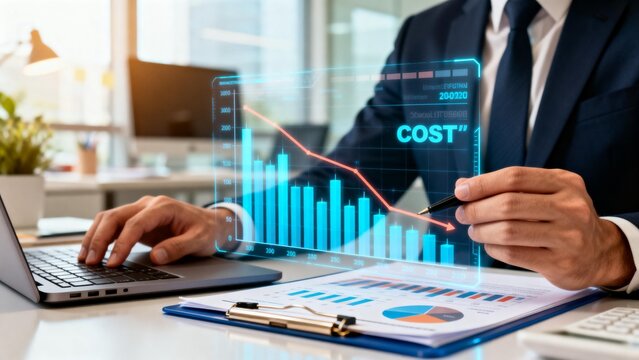 Businessman analyzing cost data on digital chart - Powered by Adobe