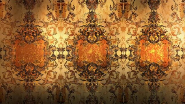 Ornate golden baroque patterns shimmer with elegant, fiery glow. This luxurious, animated background evokes vintage grandeur and opulence.