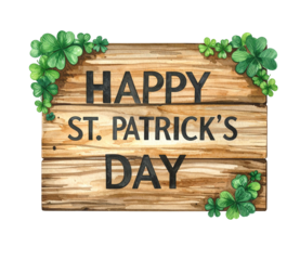 Happy St. Patrick's Day celebration with wooden sign and shamrocks on white Transparent background