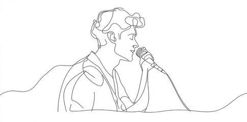 one-line drawing of a man holding a microphone, illustration in a simple, minimalistic