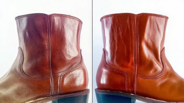 A comparison shows a worn boot next to a polished one. Leather restoration brings new life to old footwear.