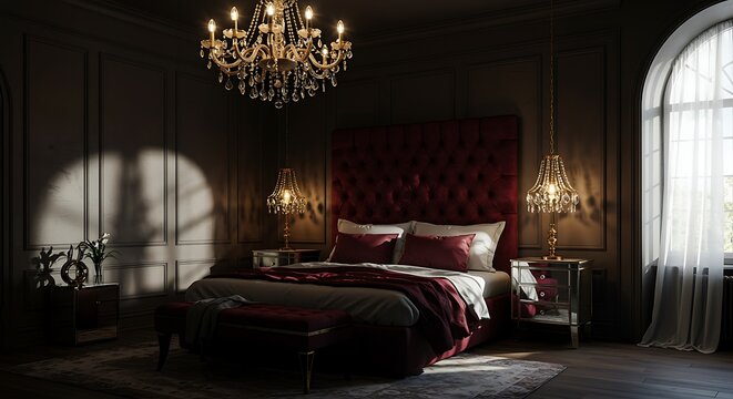 An opulent bedroom interior featuring a large red bed and ornate chandelier