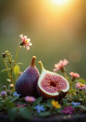 fresh ripe figs on leaves with flowers in sunset glow