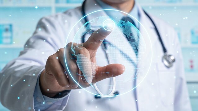 Doctor interacting with digital globe - Powered by Adobe