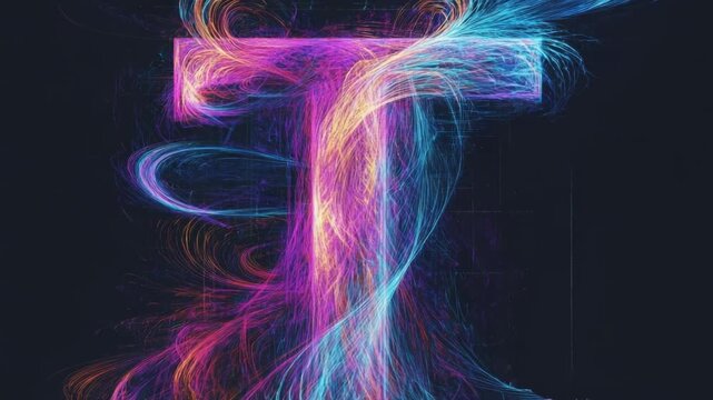 Vibrant neon light trails form a glowing letter T. Dynamic energy flows with abstract digital art aesthetics.
