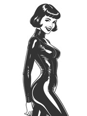 curvy woman in a tight latex catsuit with a confident smile and vintage pin-up style sketch engraving generative ai fictional character vector illustration. Scratch board imitation. Black and white.