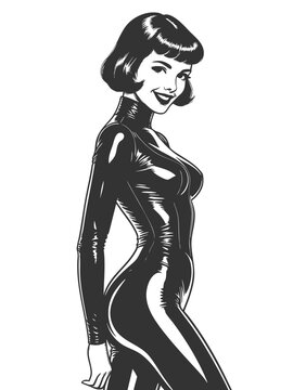 curvy woman in a tight latex catsuit with a confident smile and vintage pin-up style sketch engraving generative ai fictional character vector illustration. Scratch board imitation. Black and white.