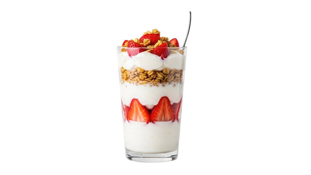 Delicious strawberry parfait in glass isolated PNG, layered dessert with yogurt, granola, and fresh strawberries on transparent background