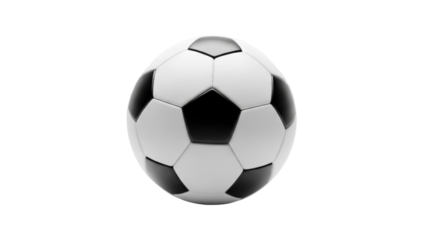 Classic black and white soccer ball PNG isolated on transparent background, traditional football equipment for sports and recreation