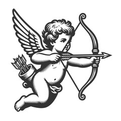 classic cupid with wings and bow, symbolizing love, romance, and Valentines Day themes sketch engraving generative ai fictional character vector illustration. Scratch board imitation. Black and white.