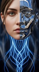 Human face merges with metallic robot face representing technology concept