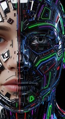 Humanoid face merging with a robotic structure illustrating technology