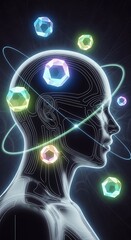 Human head silhouette with glowing geometric shapes on a dark background