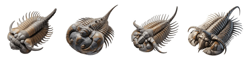 Obraz premium Trilobite fossil specimens in various positions isolated on transparent background