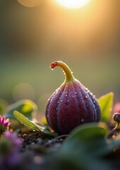 fresh ripe figs on leaves with flowers in sunset glow