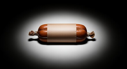 Isolated sausage with blank label on dark background