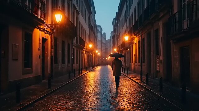 Lonely person with umbrella walks down a wet cobblestone street at dusk.