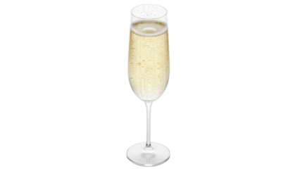 Elegant champagne flute with bubbles isolated PNG, sparkling wine in tall glass on transparent background for celebrations and special occasions