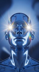 Metallic futuristic human head with glowing eyes against abstract background