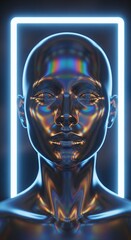 Metallic humanoid face with glowing frame modern artistic portrait