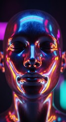 Metallic humanoid face with neon lighting portrait concept