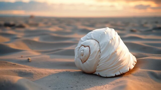 White Nautilus Shell With Heart Shape On Sunset Beach