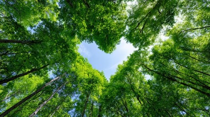 Lush green forest canopy viewed from below, sunlight filtering through leaves, creating a vibrant heart-shaped opening in the sky, symbolizing nature's beauty and tranquility