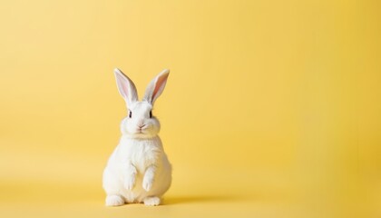 Obraz premium Curious white Easter bunny on a bright yellow studio background with copy space.