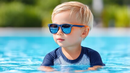 Young boy with blonde hair wearing sunglasses, enjoying a sunny day in a swimming pool, surrounded by clear blue water and vibrant greenery, embodying summer fun and relaxation