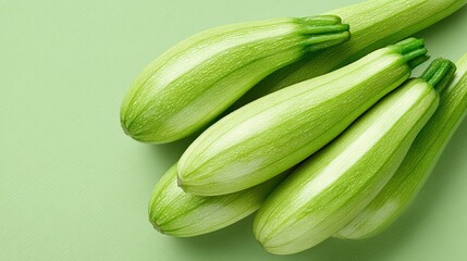 Fresh green zucchinis arranged on a soft green background, showcasing their smooth texture and vibrant color, perfect for culinary and healthy lifestyle concepts
