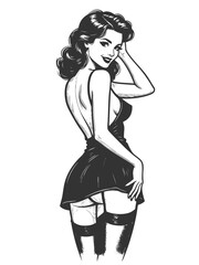classic pin-up woman in stockings and lingerie, striking a playful and seductive retro pose sketch engraving generative ai fictional character vector illustration. Scratch board. Black and white image
